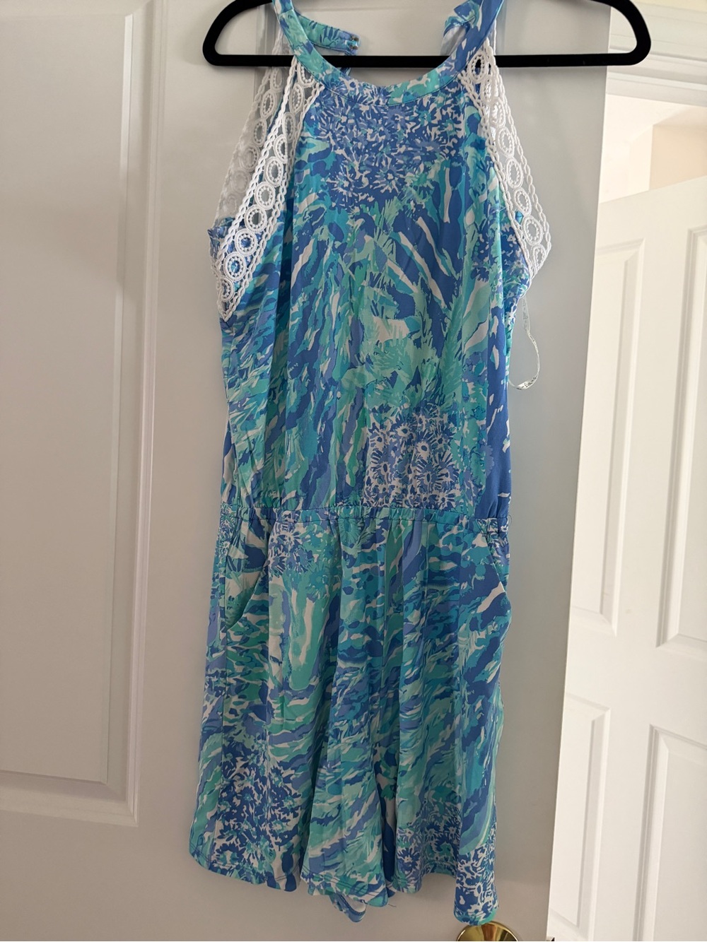 Lilly Pulitzer Blue & Teal Floral-Print Halter Romper with White Lace